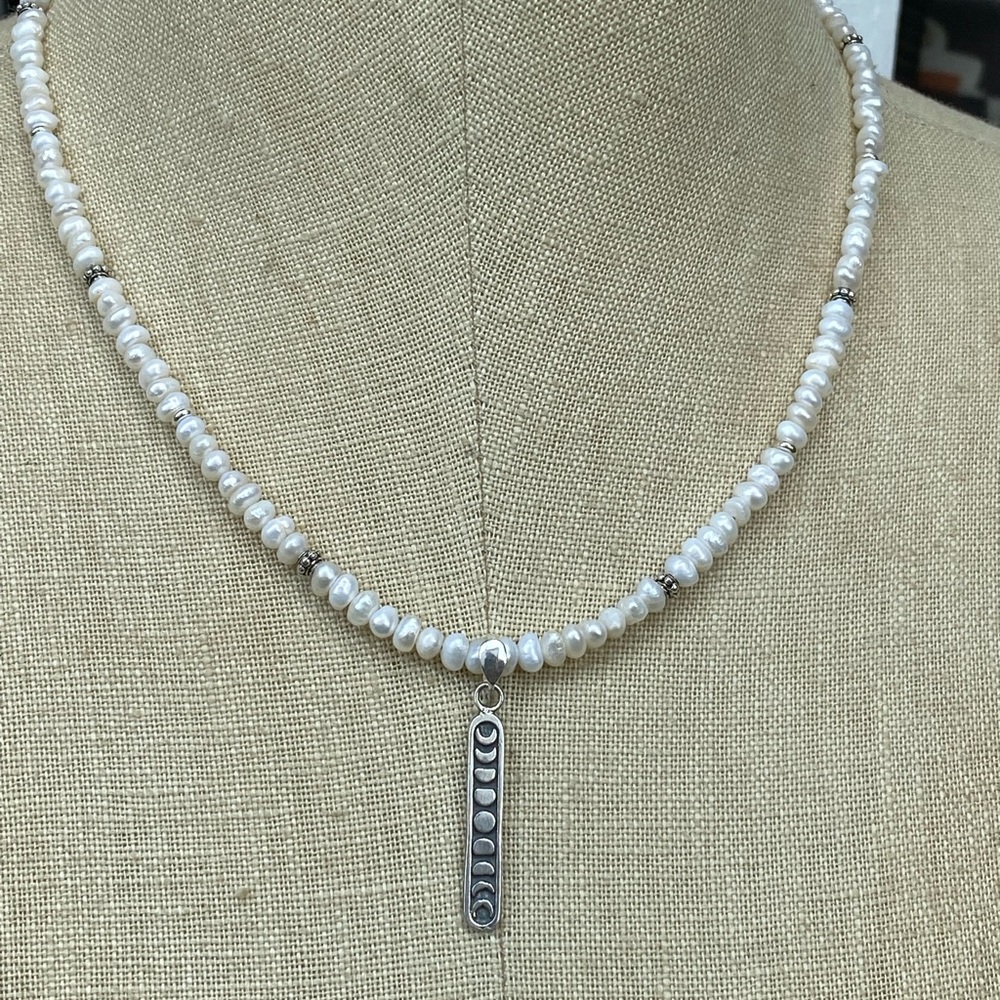 18”pearl & sterling lunar phase handmade necklace